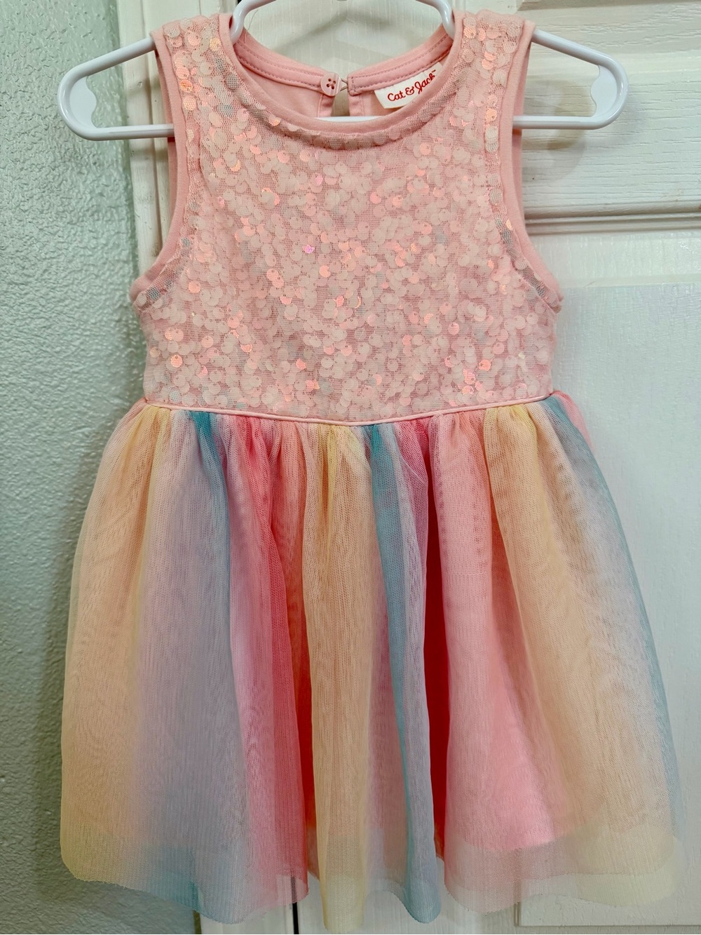 Cat & Jack Pink Sequin Bodice Rainbow Tulle Skirt Girls Dress